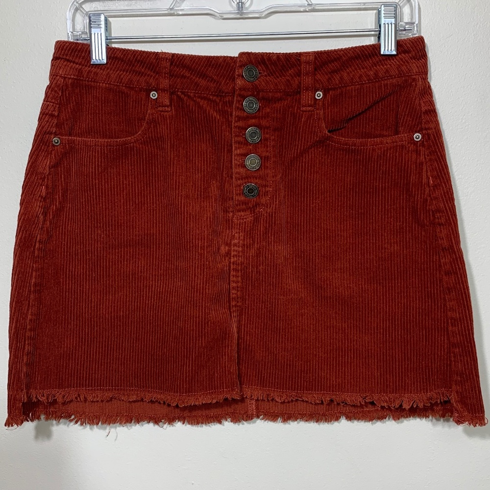 Indigo Rein Corduroy Mini Skirt Womens 5/26 Rust Orange ButtonFront Raw Hem Boho